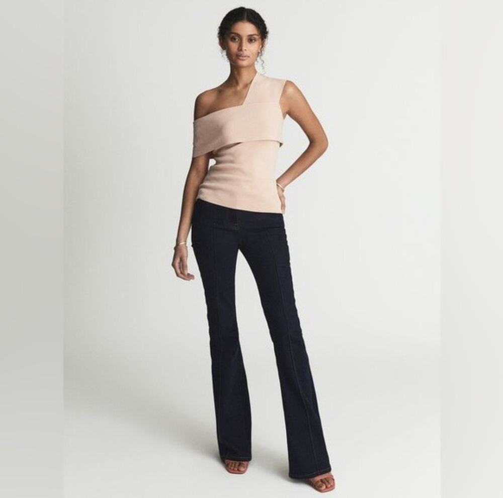 REISS Etta Asymmetric Neck Knit Top Blush Pink/ Cream Size Small Quiet Luxury